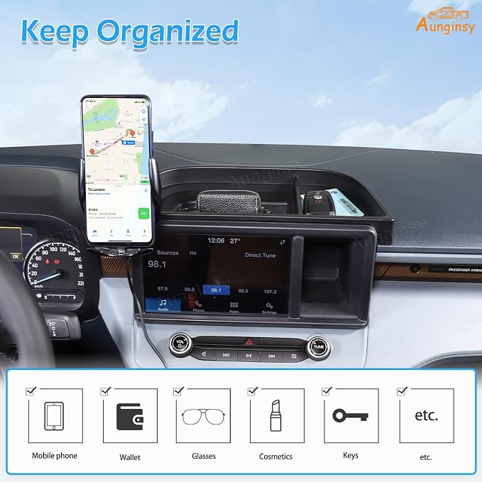 Aunginsy Center Console Dash Storage Tray Compatible with Ford Maverick 2022 2023 2024 Dashboard Multi-Functional Phone Holder Storage Box Organizer Tray Insert with Mobile Phone Mount Accessories
