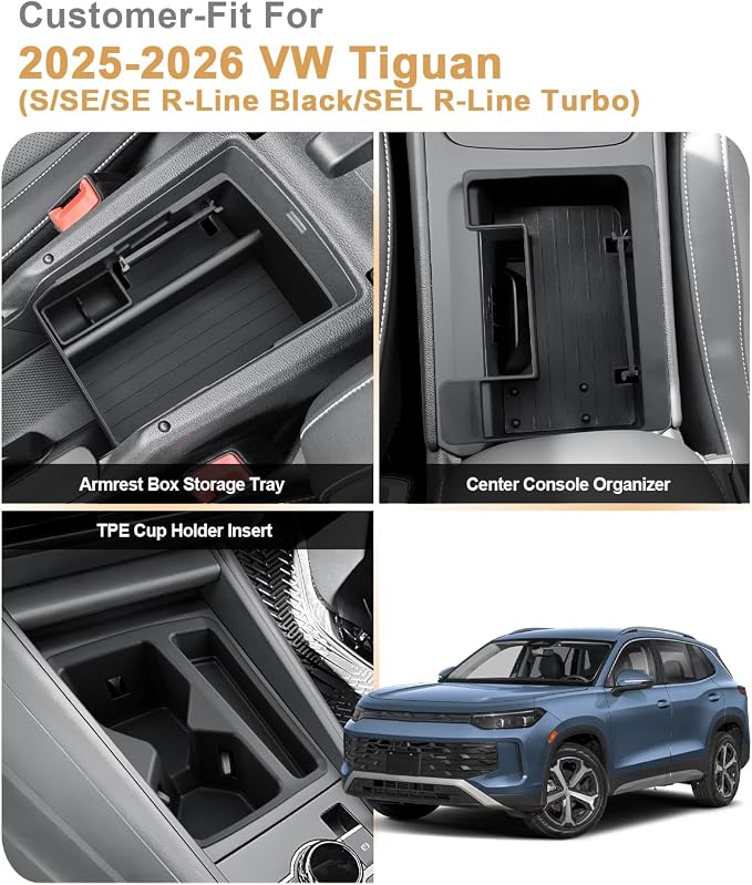 ECOZEN Center Console Organizer Set For 2025-2026 VW Tiguan - 3 Pcs Armrest Box Organizer + Center Console Organizer Tray + TPE Cup Holder Insert For 2025-2026 VW Tiguan Accessories - ABS Tray