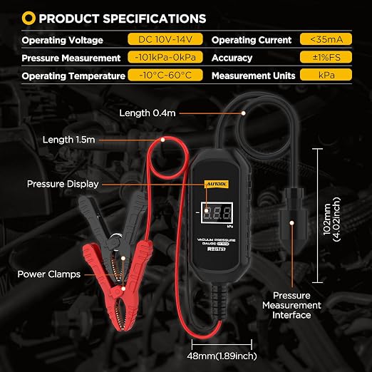 AUTOOL PT502 Digital Vacuum Pressure Gauge, Automotive Vacuum Leak Tester with Temperature Compensation, 101kPa High Accuracy Engine Intake Exhaust EGR Diagnostic Tool, 12V Car Powered