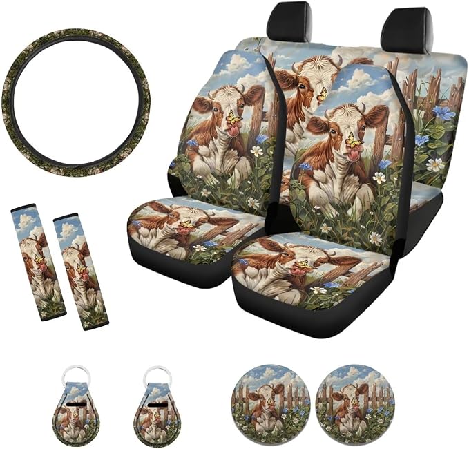 Xoenoiee Cow Butterfly Flower Pattern Universal Car Seat Covers Full Set 11-pcs Car Interior Accessories, Car Coasters, Keychain, Steering Wheel Cover, Seat Belt Pad