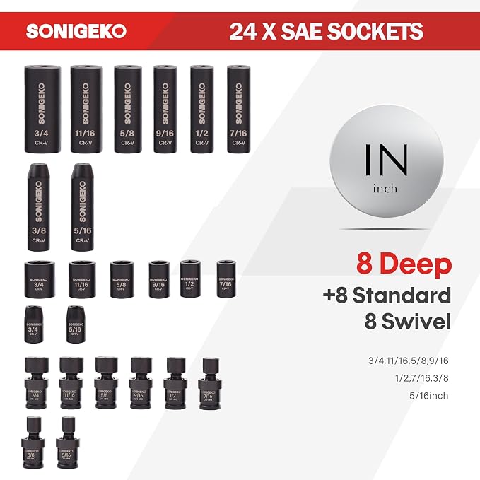 3/8" Drive Impact Socket Set, 67-Piece Standard Metric & SAE 6 Point CR-V Steel Sockets,Includes Extension Bars, 20-Piece Swivel Sockets, Universal Joint, Ratchet Handle and Adapter