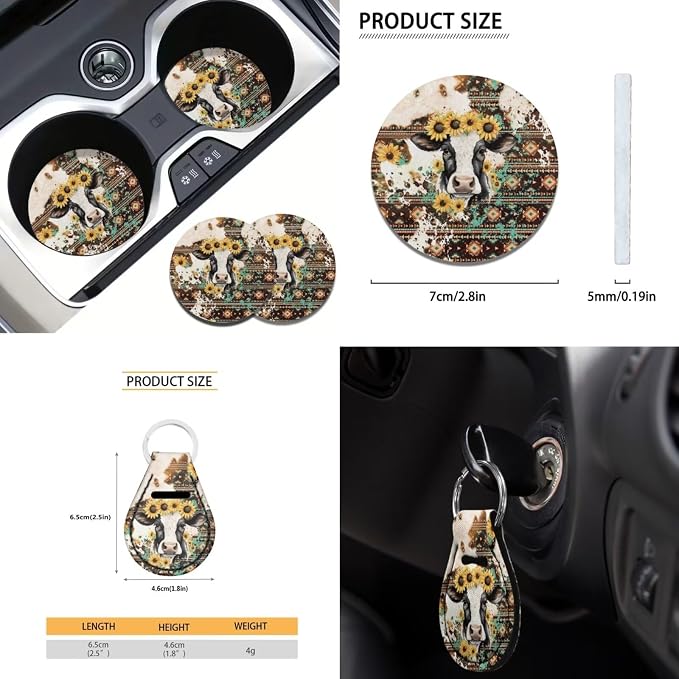 12pcs Cow Western Sunflower Auto Interior Set Cow Car Seat Cover+Coaster+ Keychain+Coaster+15 Inch Horse Auto Steering Wheel Cover+Seatbelt Pad for Men Women Car Decor Accessory