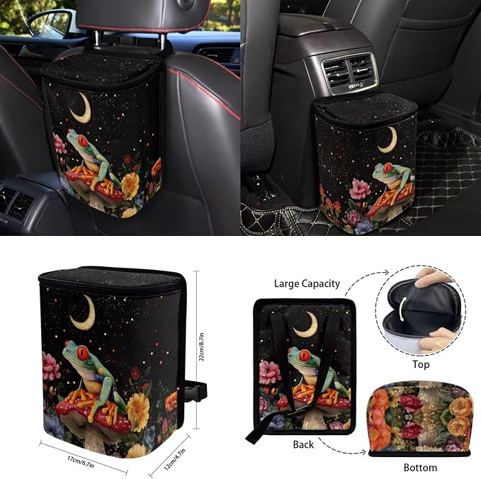 Moon Mushroom Frog 15Pcs Car Seat Cover Full Set Car Steering Wheel Cover Seat Belt Cover Trash Bin Front Rear View Mirror Car Cup Holder Keychain