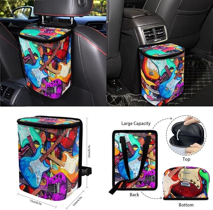 Colorful Guitar Print 15 PCS Car Front Back Seat Covers Full Set, Steering Wheel Cover Seatbelt Strap Pad Trash Cans Rear View Mirror Cover Air Vent Storage Bag Cup Coasters Keychain