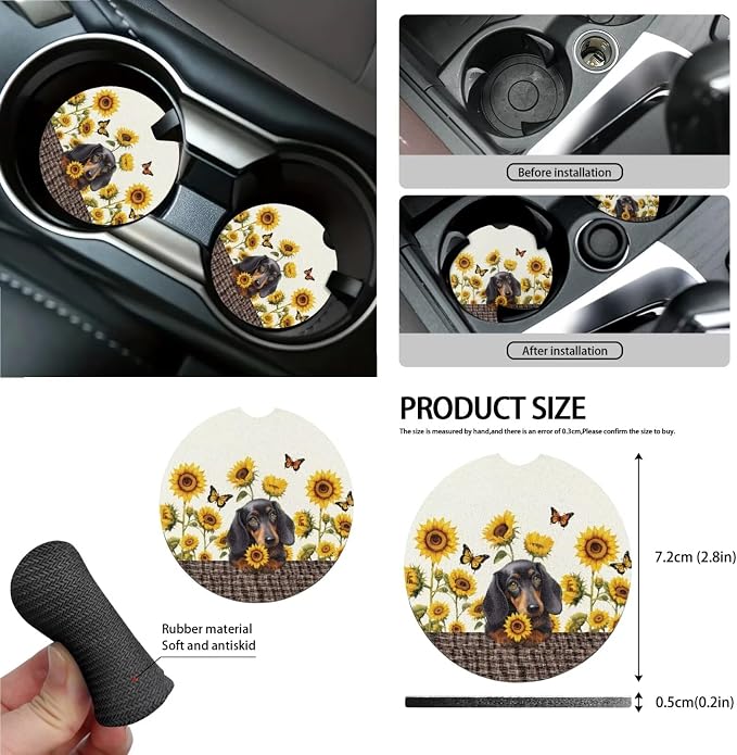 Dachshund Sunflower Butterfly Pattern Car Accessories Pack of 13, Front and Rear Seat Covers Full Set, 1 Steering Wheel Cover 4 Safe Belt Covers 4 Coasters Universal Fit for Auto SUV Truck