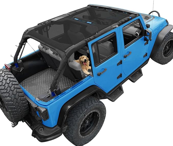 JK Sun Shade Top Compatible with Jeep Wrangler 4 Door 2007 to 2018 Sunshade Sunroof Bikini Cover Blocks UV Wind Noise Black Mesh for Full Length