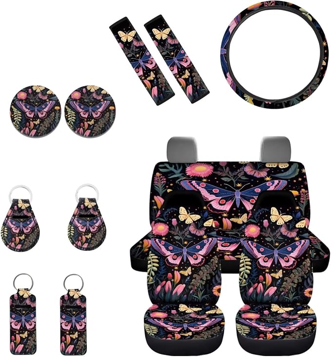 INSTANTARTS Butterfly Flower Car Seat Cover Set - 13 Piece Washable Protective Set Includes Seat Belt, Steering Wheel, Coaster and Key Chain Covers - Suitable for Most Cars