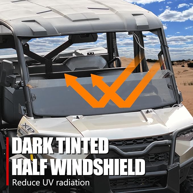 A & UTV PRO Front Tinted Half Windshield for Polaris Ranger XP 1000 / Crew / Diesel / XP 900 2017-2024, Hard Coated Vented Window Accessories, 250x Stronger Than Glass, Replace OEM # 2883301, 1PC