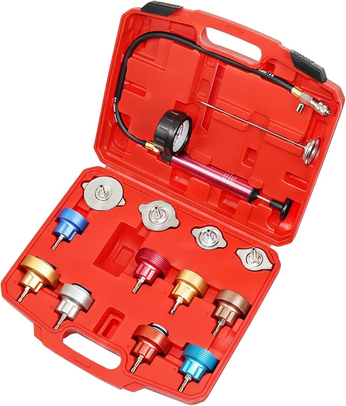 JIFETOR 14PCS Radiator Pressure Tester Tool Kit with Aluminium Pump and Metal Adapters, Red