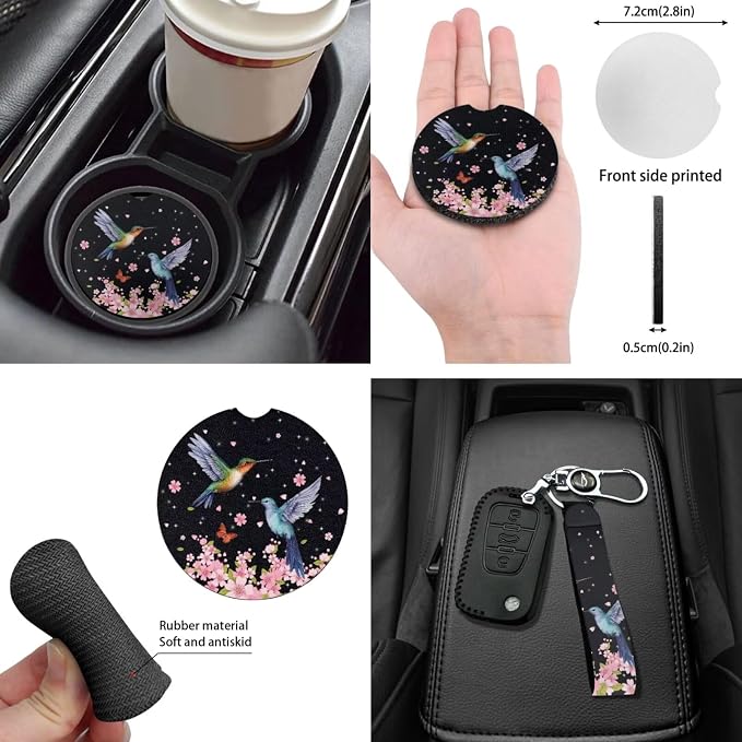 Hummingbirds Car Seat Cover Back Seat Protection Cover Accessory 14 Piece with Absorbent Coaster+Auto Rear View Mirror Cover+Keychain+Steering Wheel Cover+Gear Shift Knob Handbreak Pads