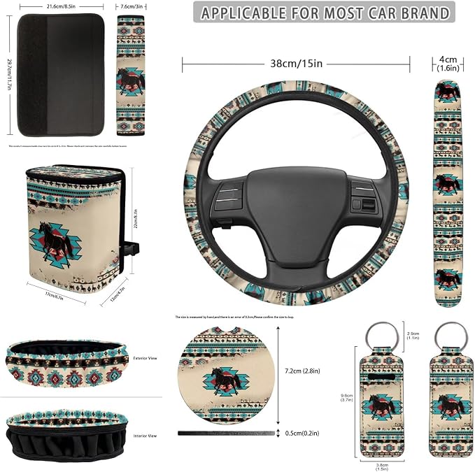 Car Seat Covers Set 12 Pieces Aztec African Tribal Horse Seat Belt Pad Cover Steering Wheel Cover Car Trash Can Rear View Mirror Cover Coasters Keychain Holder Keychains