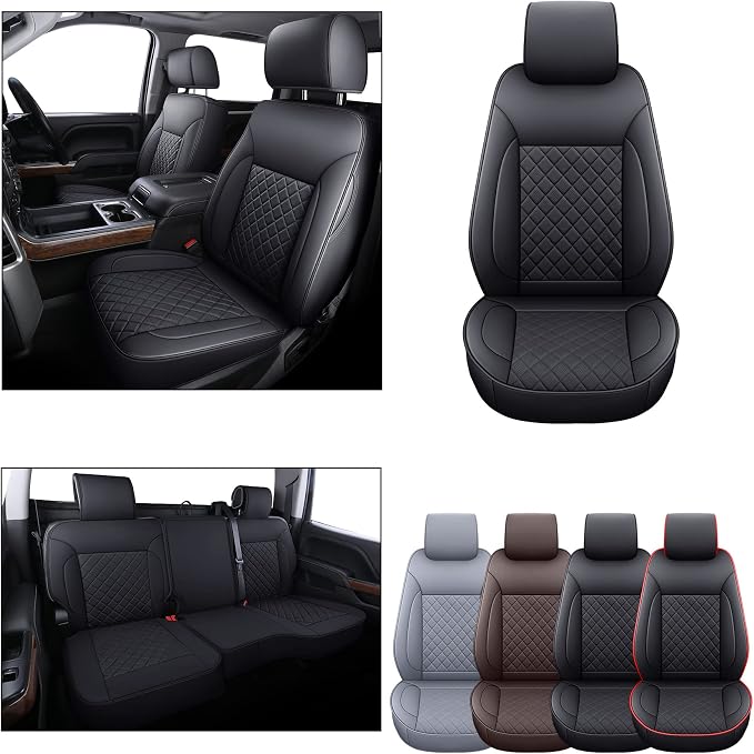 LUCKYMAN CLUB Chevy Silverado/Sierra P01-S1 Seat Covers Full Set, Fit 2014-2018 1500/2015-2019 2500 HD/3500 HD Crew Cab with Breathable Faux Leather (Full Set, Black)