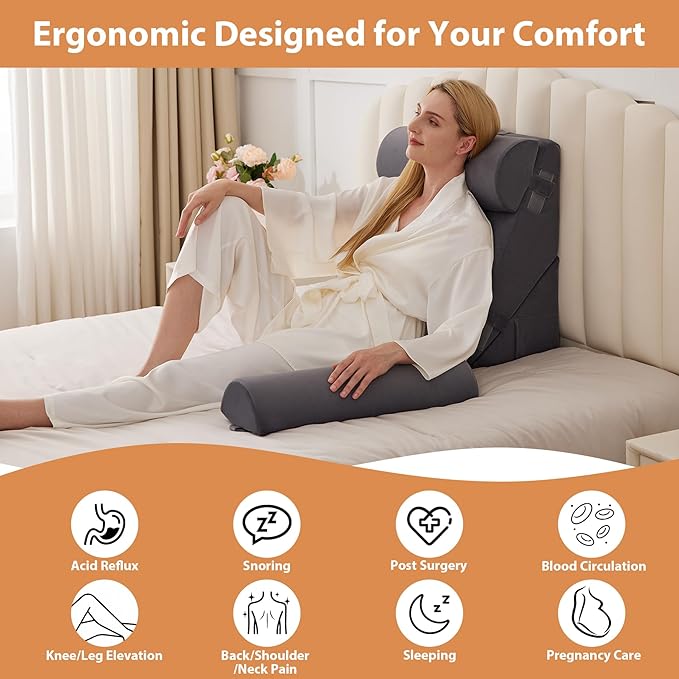 BIEEZZK 4PCS Wedge Pillow Set for After Surgery, Back Pillow for Bed Sitting up, 9&12inch Adjustable Memory Foam Bed Wedges, Pillow Wedge for Acid Reflux, Back Pain Relief, Snoring, Plush Grey
