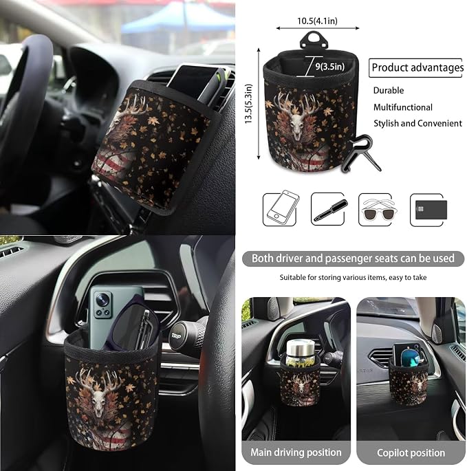 Dear Maple Leaf American Flag Print 15PCS Auto Interior Sets Car Front Rear Seat Covers Steering Wheel Cover Seat Belt Cover Keychain Trash Can Air Vent Storage Bag Mirror Cover