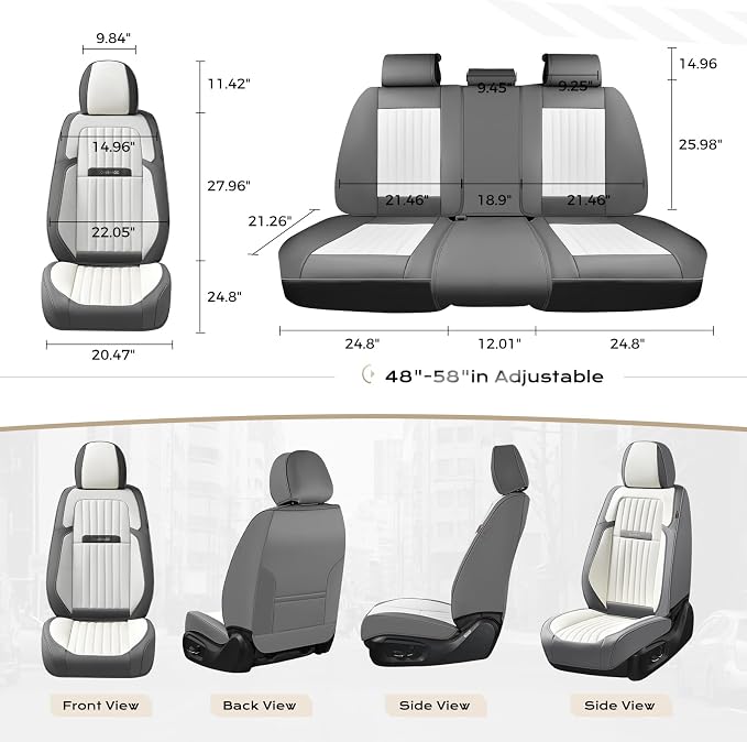 Coverado Car Seat Covers Full Set, Seat Covers for Cars, Car Seat Cover, Car Seat Protector, Leather Car Seat Cushion, Waterproof Car Seat Covers Front Seats and Back Fit for Most Cars(Gray&White)