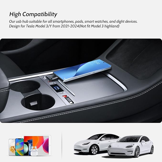 Silver Gray USB Hub for Tesla Owners, 2 USB C Retractable Fast Charging Cables for iPhone 15, is Necessary Tesla Tesla Model 3/Y Accessories (2024-2021) but not Highland or Juniper Compatible