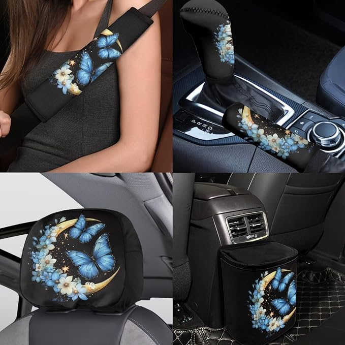 BIGCARJOB 15 Pcs Butterfly Car Interior Sets Moon Butterfly Car Seat Cover Full Set Vehicle Bucket Seat Cover Full Set Trash Can Car Seat Headrest Pillow Cover Seat Belt Pads