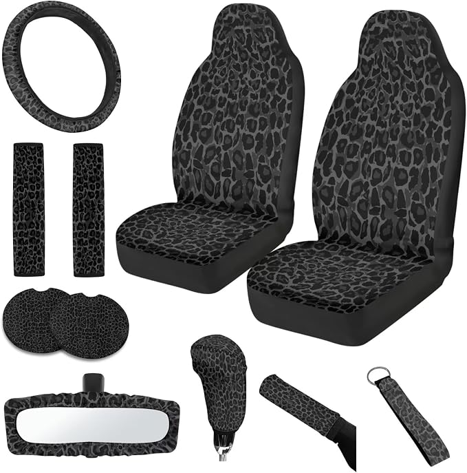 Black Leopard Print 11 Pack Car Seat Covers Full Set Front Seat Cover Car Steering Wheel Cover Auto Seat Belt Cover Gear Lever Cover Cars Rear View Mirror Cover for Cars SUV