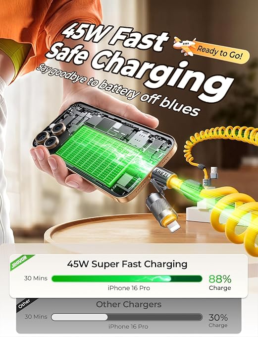 Coiled Cable & Clip 4-in-1 USB C Cable 45W Compatible with Lightning Cable Fast Charging & Data Transfer, Support to CarPlay & Android Auto, 5FT Multi Cord Combo Charger for iPhone/iPad
