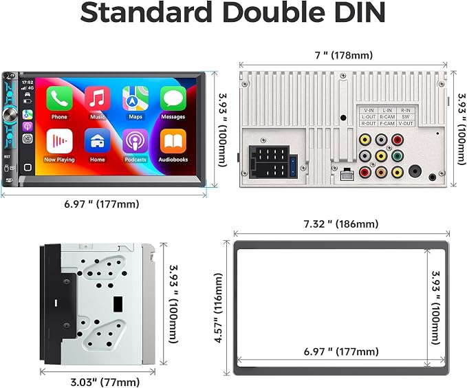 7" Double Din Car Stereo with Wireless Apple CarPlay & Android Auto, Bluetooth, 240W Output, SWC, Dual Subwoofer Support, Mirror Link, FM/AM Radio Receiver, USB-C/AUX/TF Ports,Backup Camera