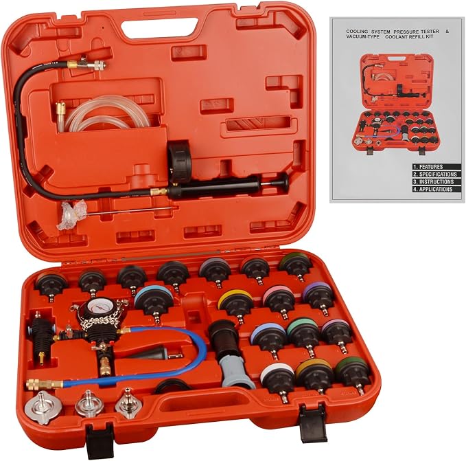 DAYUAN 28Pcs Universal Radiator Pressure Tester Kit Coolant Pressure Tester | Coolant Vacuum Refill Kit，Red Case, for Cooling Systems, 0-35 PSI Test Range，Detects Engine Leaks，Fits Most Vehicles