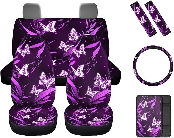 8 Pcs Purple Butterfly Car Interior Accessories for Women, Car Seat Cover Full Set with Auto Steering Wheel Cover Auto Center Console Pad Seat Belt Covers