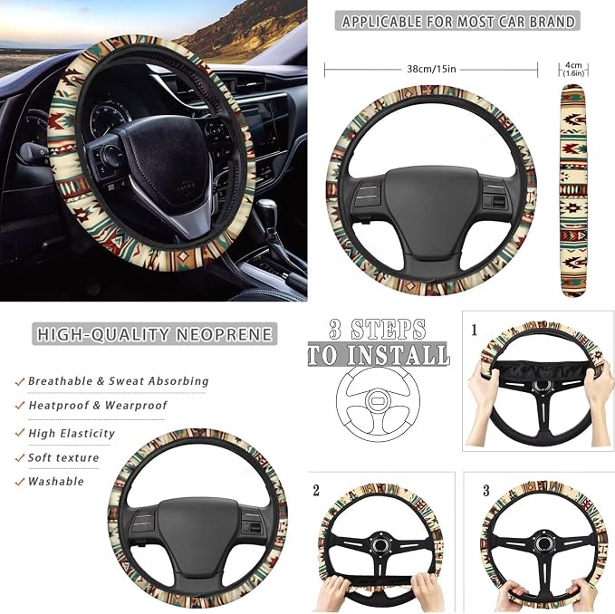 Howilath 10 Piece Universal Fit Ethnic Western Aztec Tribal Car Front Seat Cover with Steering Wheel Cover/Seatbelt Pads/Keychain/Armrest Cushion/Coasters, Easy to Install