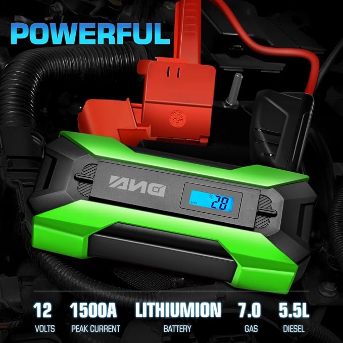 ‎DNA Motoring TOOLS-00266 12V 1500A 15000 mAh Multi-Function Portable Car Battery Jump Starter for Up to 7.0L Gas & 5.5L Diesel Engine, with Carry Case, Green