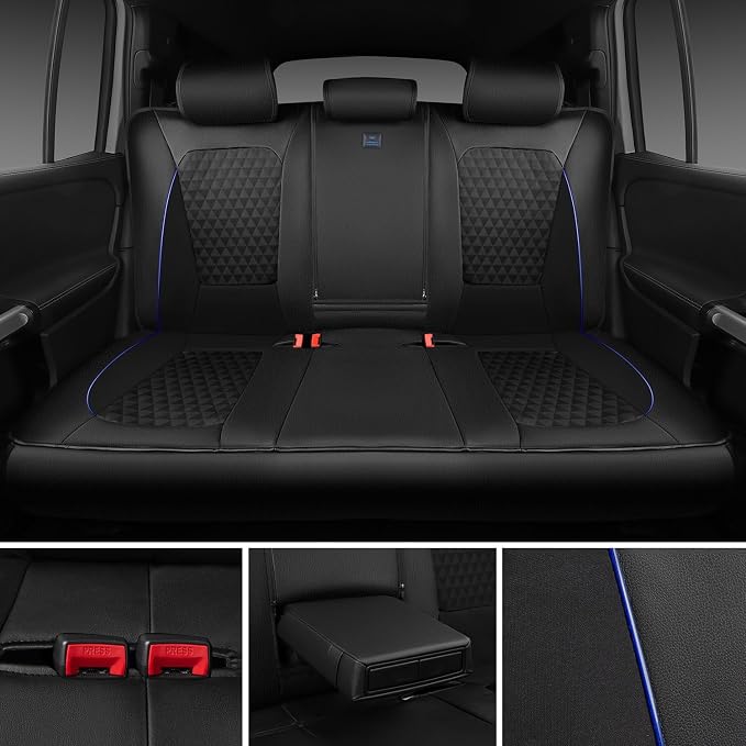 CAR PASS Leather Car Seat Covers Gel Wetsuit PU Full Set Seat Covers Waterproof EVA All Weather Neoprene Universal Fit Pickup SUV Truck Sedan Automotive, Armrest Airbag Compatible, Rhombic Blue Strip