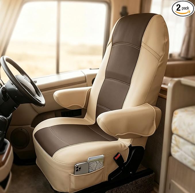 BeadChica 2 Pack RV Seat Covers-for Captains Chairs,Leather Motorhome Seat Covers for Class-A RV Seat with Arm Rest Covers,Coffee