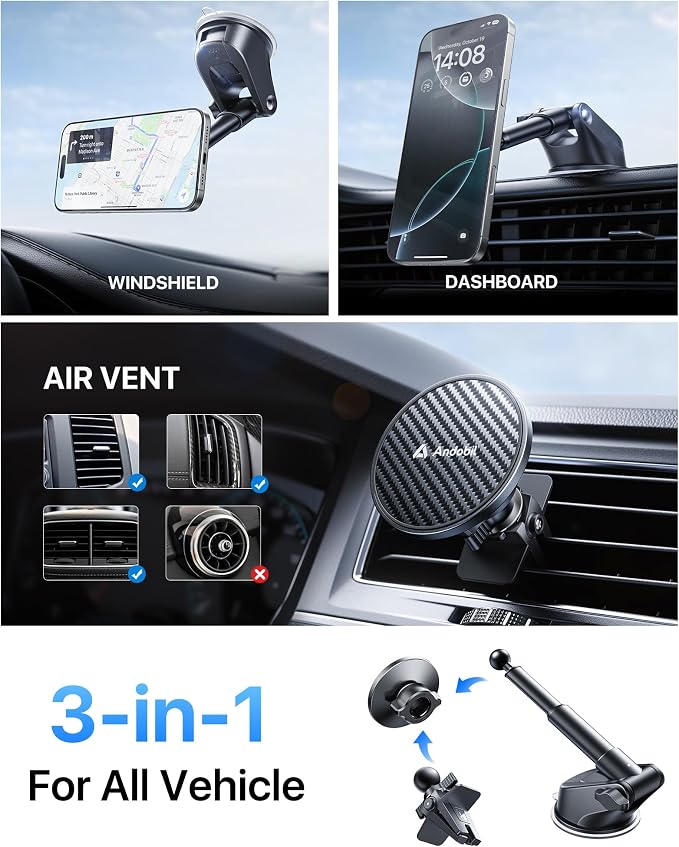 【Military-Grade】andobil 3 in1 Magnetic Phone Holder for Car Dashboard Windshield Vent 【Upgrade Suction & Strongest Magnet】Retractable for MagSafe Car Mount Mats for iPhone 17 16 15 14 Pro Max Sumsung