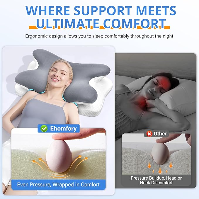 Cervical Neck Pillow, Ergonomic Memory Foam Pillows for Neck Pain Relief with Breathable Pillowcase, Adjustable Contour Neck Support Pillow for Side Back Stomach Sleepers (Gray)