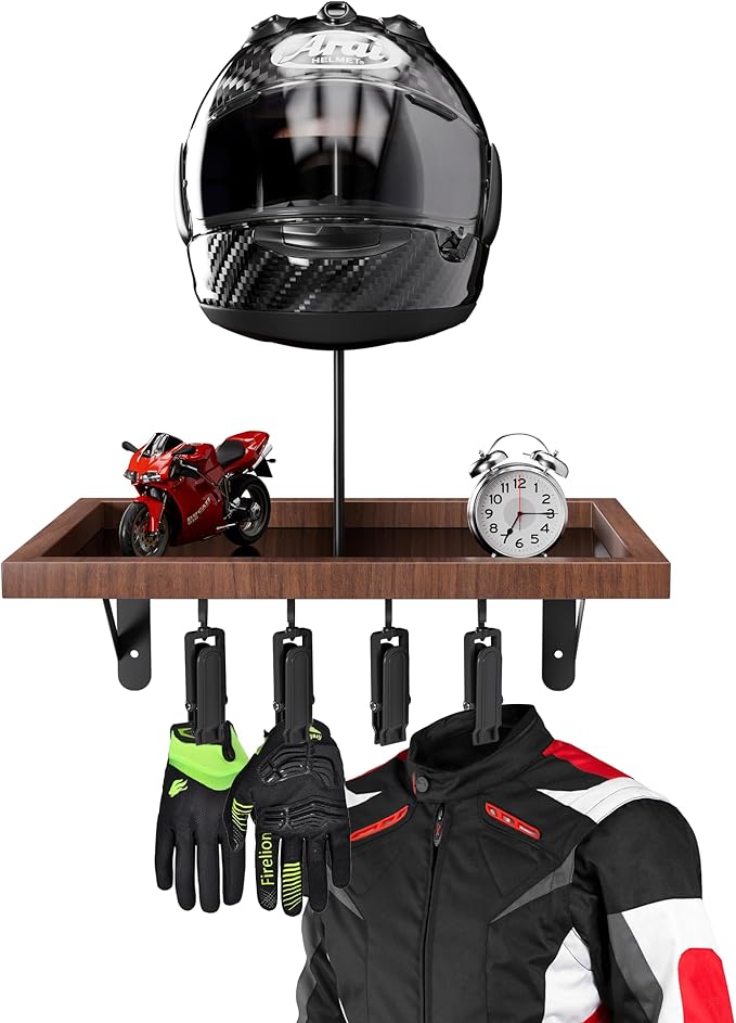 Motorcycle Helmet Holder Wall Mount, Heavy-Duty Metal Helmet Rack with Glove Clips & Gear Hanger, Universal Helmet Hanger Wall Mount for Motorcycle/Bike/Snowboard Helmets