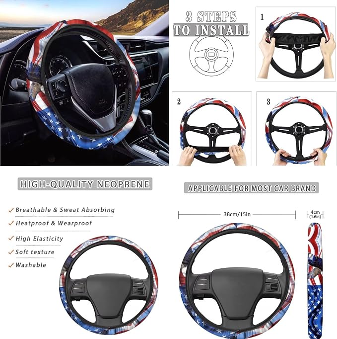 AFPANQZ Car Seat Covers Full Set 11 Pcs with Seat Belt Shoulder Pads, Cup Holder, Steering Wheel Cover, Gear Shift Knob Cover, Handbrake Protector with USA Flag Eagle Print