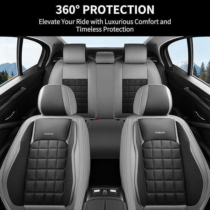 FLORICH Seat Cover, Car Seat Covers Full Set, Waterproof Leather Car Seat Protector 5 Seats, Front and Rear Seat Covers for Cars, Breathable Automotive Seat Covers Protector Fit for Most Cars Trucks