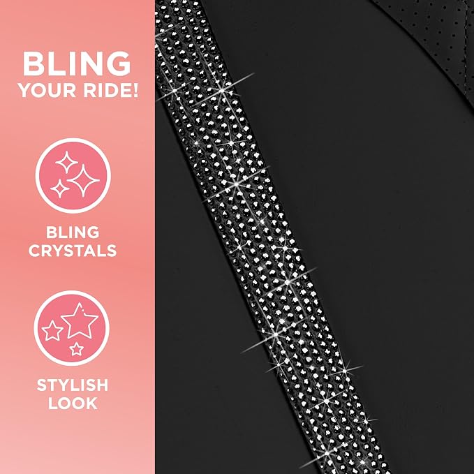 BlingStitch™ Car Seat Covers for Front Seats - Luxurious Black Vegan Leather Seat Covers for Cars with Black Bling Crystals, Premium Automotive Seat Covers for SUV, Trucks, Car Bling Luxury