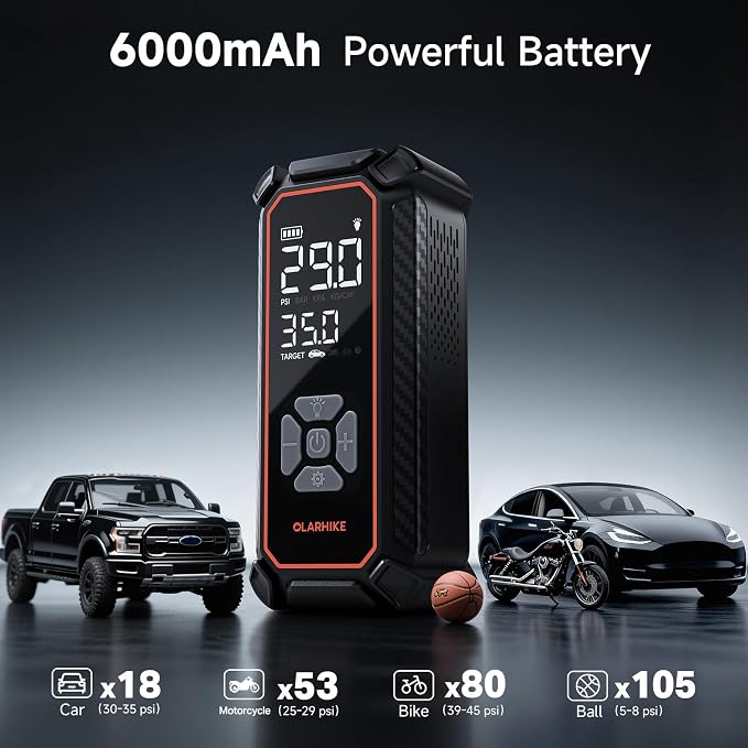 OlarHike Cordless Tire Inflator Bundle - 6000mAh & 9000mAh Dual Power Portable Air Compressors (150PSI), with LED Light & Digital Gauge - Perfect for Car, Bike, Motorcycle Tires