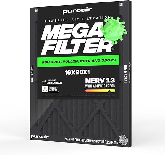 PuroAir MegaFilter - 16x20x1 Air Filter MERV 13 Activated CarbonTech Defense - Heavy Duty 3 Layer Furnace Filters Allergens, Pollen, Dust, Pet Dander, Smoke, Odors - HVAC Air Filter 16x20x1 (1-Pack)