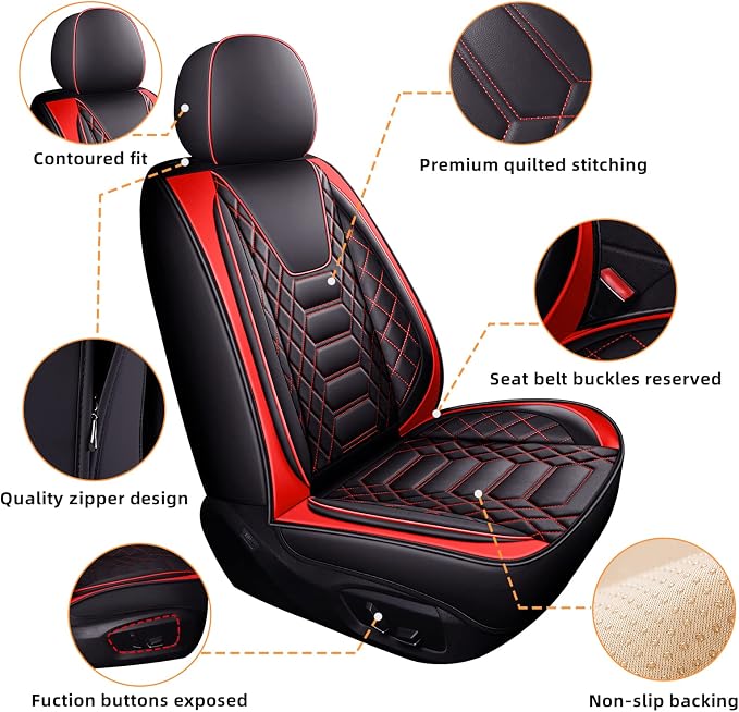 FREESOO Car Seat Covers Leather, Seat Cover Full Set Waterproof Automotive Cushion Protector Accessories Airbag Compatible Universal Fit for 5 Seats Vehicle (Black Red 8)
