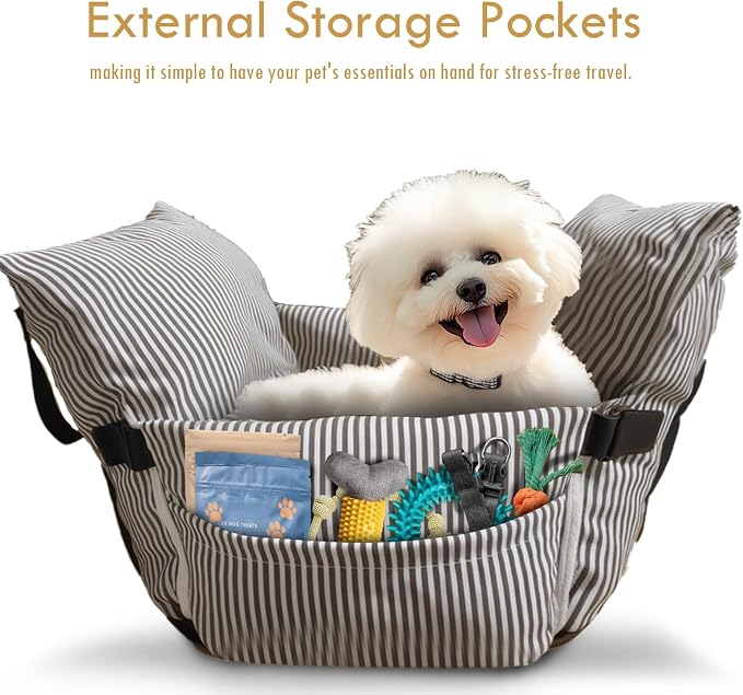 Dog Car Seats for Small Dogs, Puppy Car Seat Under 15 lbs, Small Dog Bed for Travel, Elevated Pet Seat with Safety Belt, Non-Slip Base, and Storage Pockets