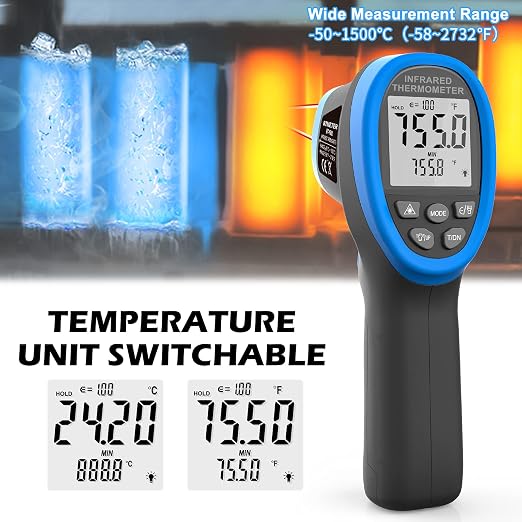 BTMETER Infrared Thermometer Laser Temperature Gun 30:1, -58°F to 2732°F | Non-contact Industrial IR Pyrometer for high-temp surface measure Cooking Meat Food, Adjustable Emissivity(Not for Human)
