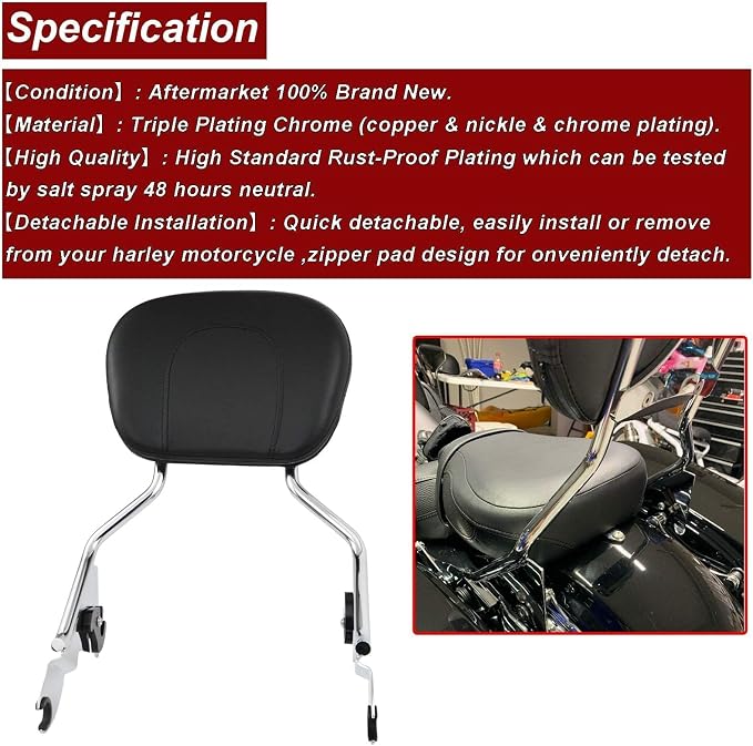Dasen Detachable Sissy Bar Compatible with Harley Touring, Passenger Backrest Quick-Release Fit Touring Road Glide Street Glide Electra Glide Road King 2009-2025 Chrome
