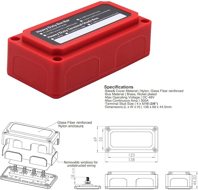 Busbar 12V-48V DC 300A Distribution Block, Heavy Duty Bus Bar with 4X 3/8"(M10) Posts Terminals Battery Junction Blocks 300 Amp for Car RV Solar PV System Truck Boat Marine, Red& Black 2 Pack