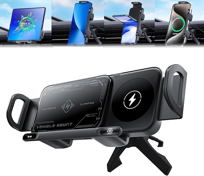 High Intelligent Mobile Phone/Pad Holder,Wireless Car Charger Fast Charging Phone Holder, 2 in 1 Auto Rotating Phone Holder,Compatible with Foldable Phones. (Black)