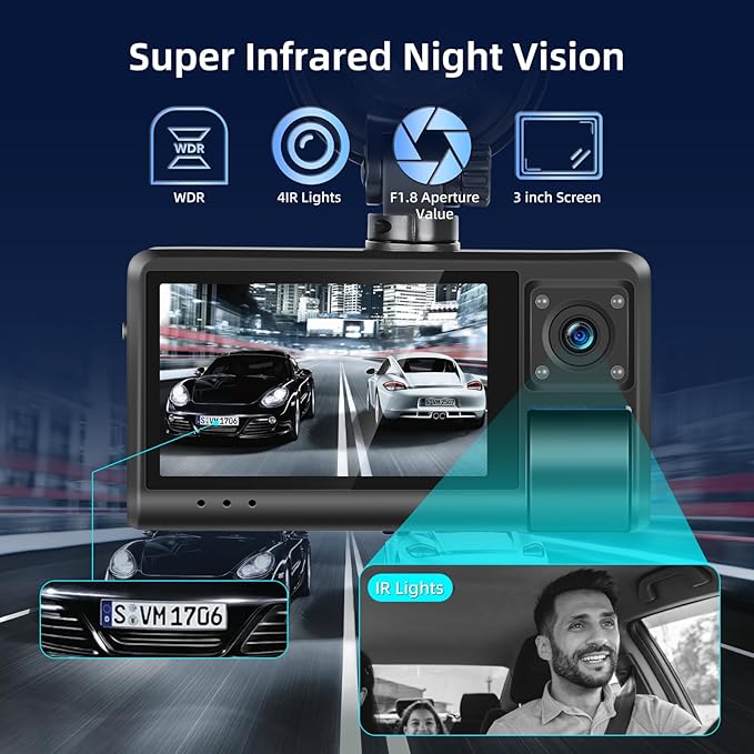 NHOPEEW 3 Channel Dash Cam for Cars, Dash Cam Front and Rear Inside, Bulit-in WiFi: 3 inch IPS Screen, 1080P Triple Dash Camera with 64GB Card, G-Sensor, Loop Record, Night Vision + Rearview Camera