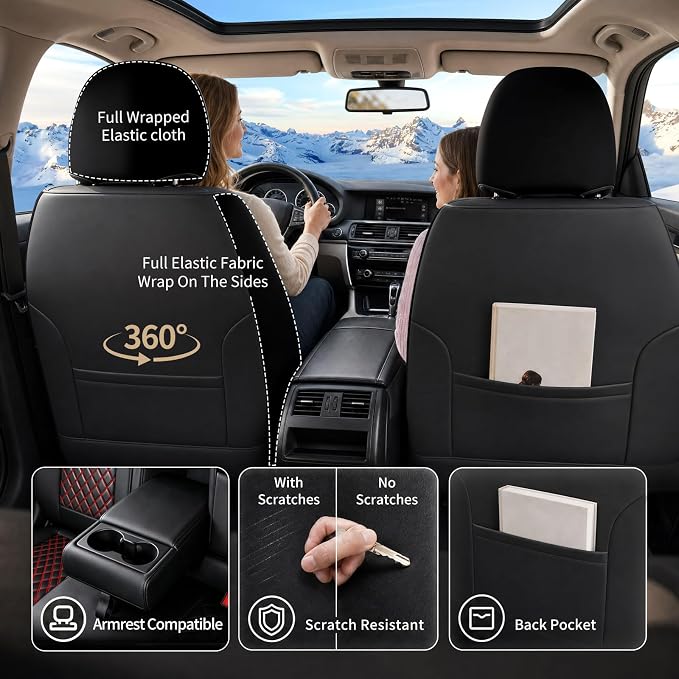 Fit Escape Car Seat Covers for Ford Escape 2001-2025 2026 - Luxury Leather, Anti-Slip, All-Weather, Waterproof & Breathable, Airbag Compatible, 2 Front Seats Only (Redline)