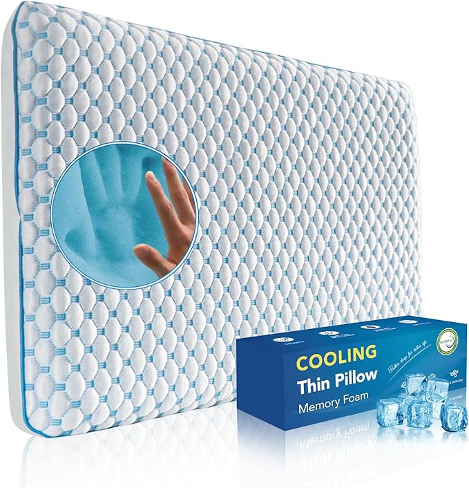 Stomach Sleeping Pillow for Shoulder and Neck Pain Relief, Thin Pillow for Sleeping- Cooling Memory Foam Pillows Flat Pillows for Stomach Sleepers,Low Profile 3.25-inches for Back Sleeper
