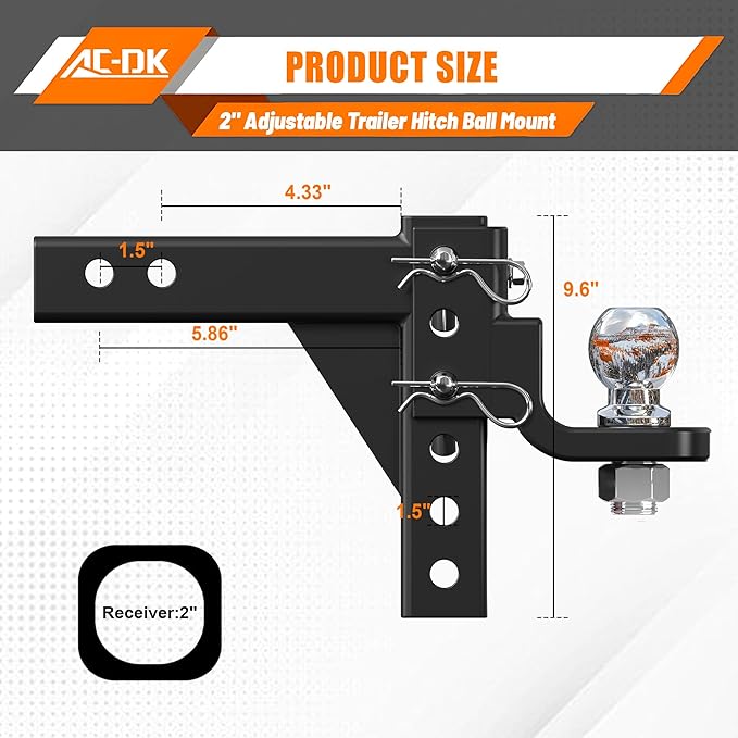 Adjustable Trailer Hitch for 2 inch Receiver,9-1/2" Drop & 8-1/4" Rise,Tow Hitch with 2 inch Ball,7500 LBS GTW/750 LBS TW, Includes 2 Pin&Clips and 5/8" Pin Lock