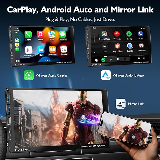 9" Single DIN Car Stereo with Wireless Apple CarPlay and Android Auto,UHD Car Radio IPS Touchscreen,1080P Back Camera,Mirror Link, Voice Control, Bluetooth 5.3,GPS,AM&FM,Type-C (9016-with Camera)