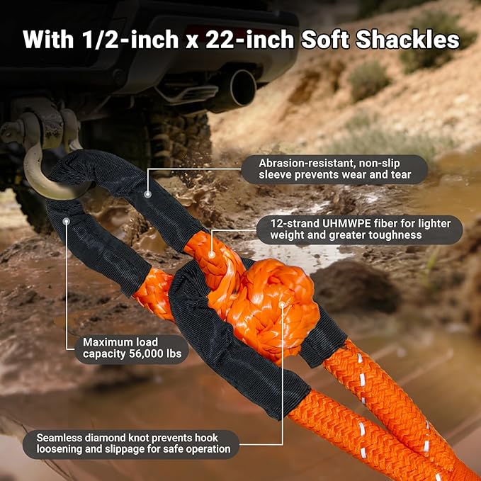 Kinetic Recovery Tow Rope 7/8" x 30ft Tow Strap 48500lbs Snatch Strap with 2Pcs Soft Shackles 56000lbs Break Strength Heavy Duty Kinetic Towing Rope for Truck ATV UTV Offroad Recovery Rope Kit